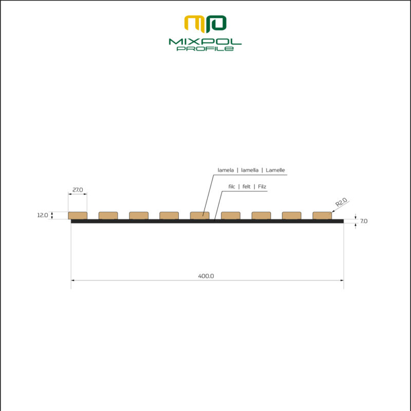 Akustinės panelės 400x800 mm. skersinis pjūvis