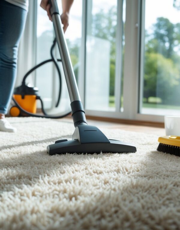 Žmogus valantis kiliminę dangą šviesiame ir tvarkingame kambaryje su dulkių siurbliu.