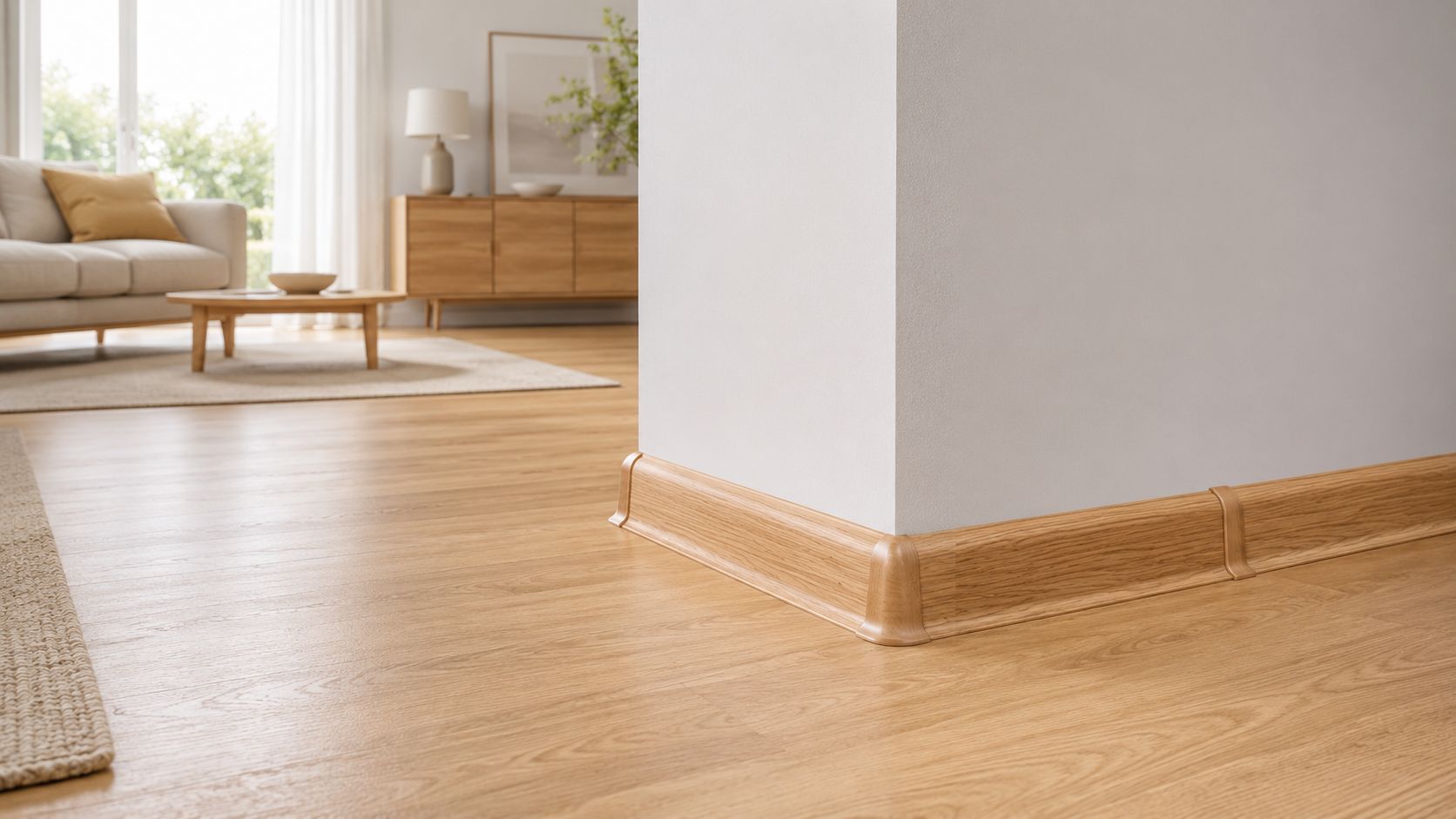 Plastikinės grindjuostės Premium šviesiame moderniame interjere su kampų ir sujungimų elementais