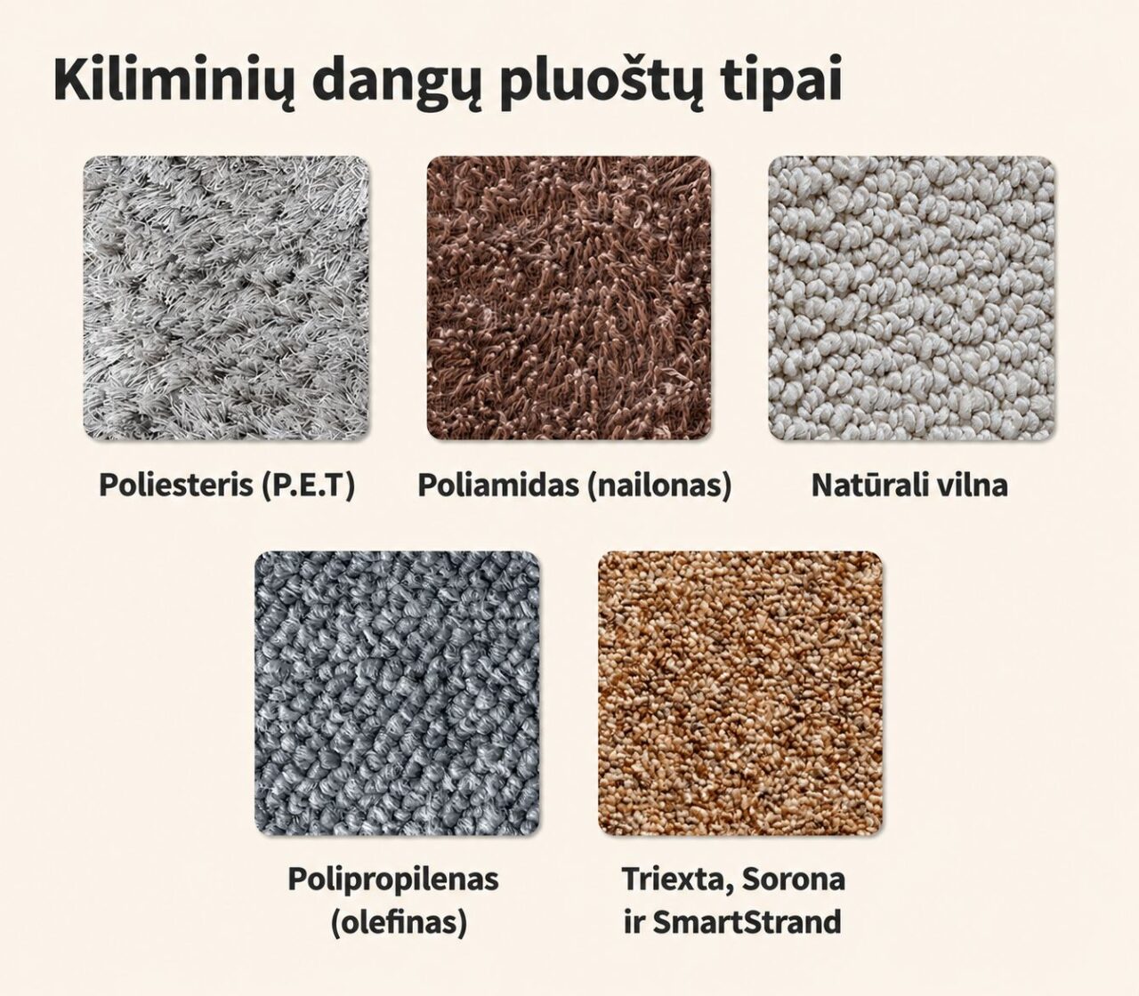 Kiliminės dangos pluoštų tipai: poliesteris, poliamidas, natūrali vilna, polipropilenas ir triexta