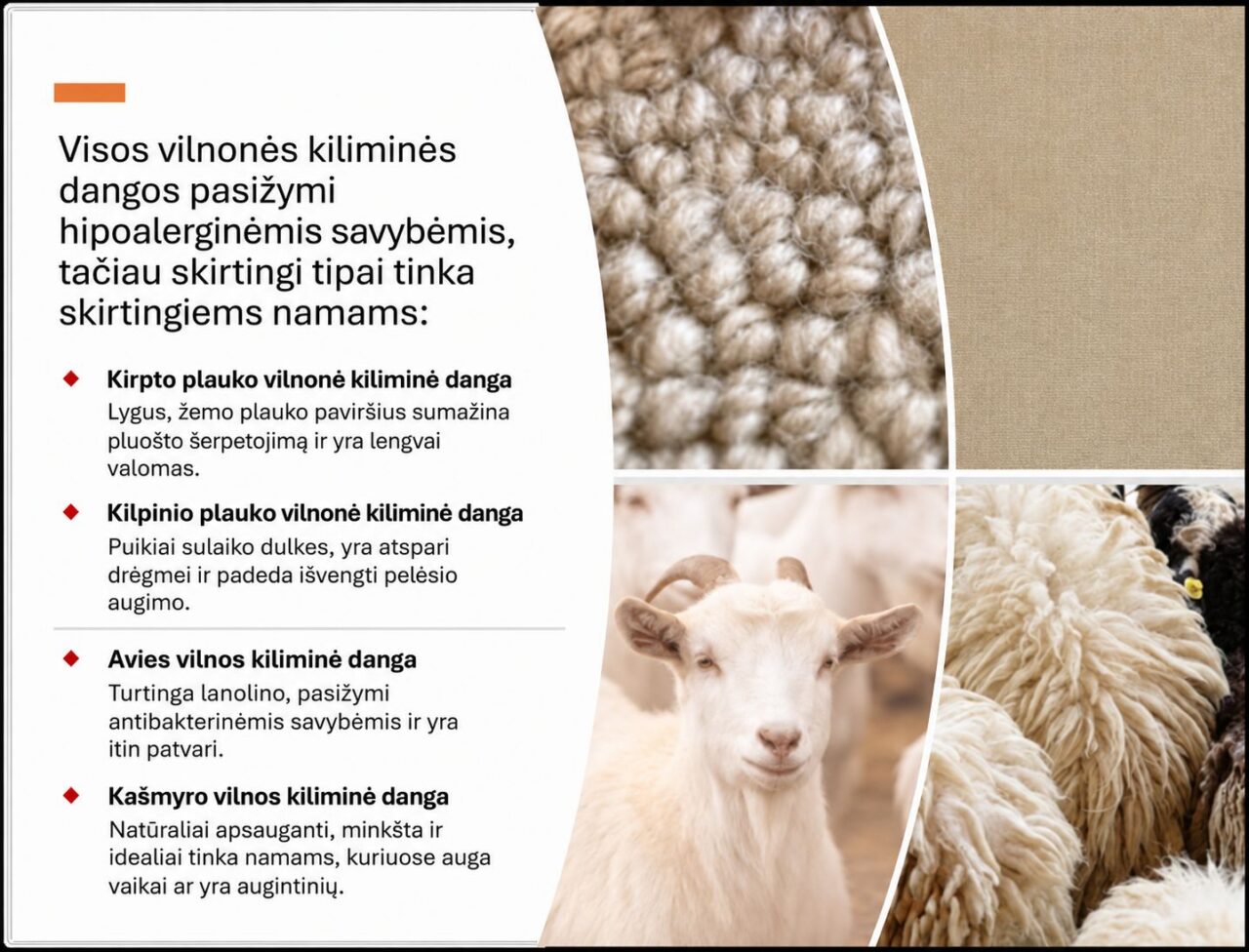 Vilnonės kiliminės dangos tipai ir jų savybės – kirpto plauko, kilpinio plauko, avies vilnos ir kašmyro vilnos kiliminė danga