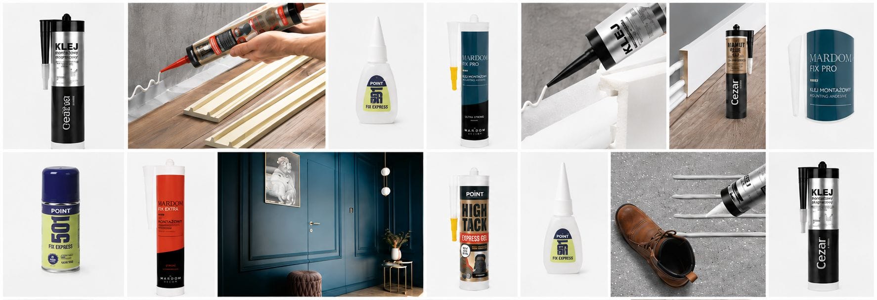 Klijai ir tvirtinimo detalės grindjuostėms, bagetams, apdailos profiliams ir dekorams montuoti