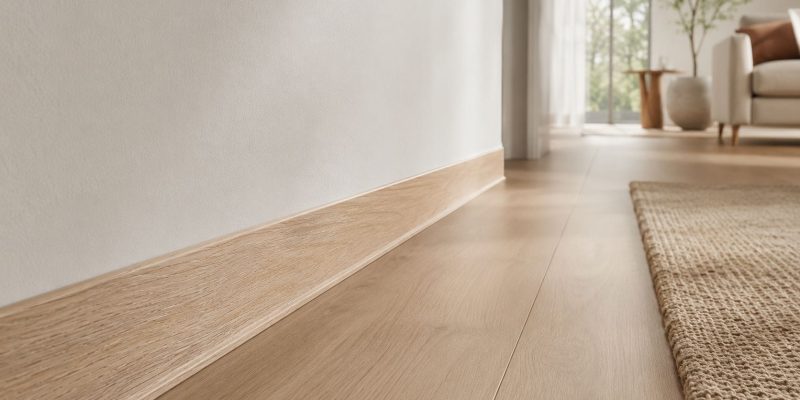 Plastikinės grindjuostės prie medžio imitacijos grindų šviesiame interjere